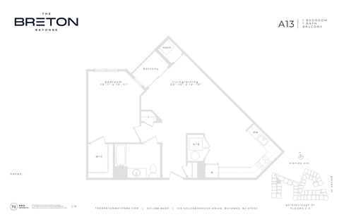 Floor plan for 1 bed, 1 bath, 831 sqft